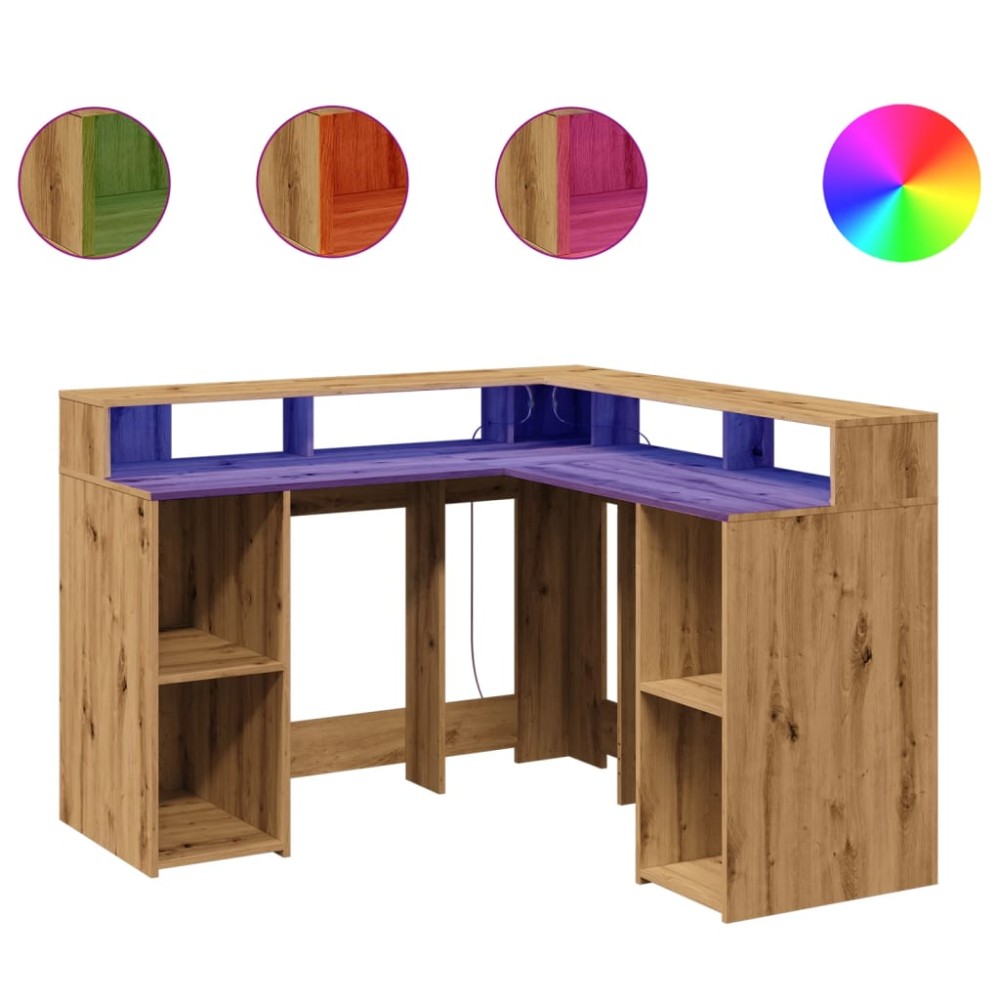 vidaXL Birou lumini LED stejar artizanal 130x130x91cm lemn prelucrat