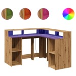 vidaXL Birou lumini LED stejar artizanal 130x130x91cm lemn prelucrat