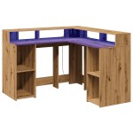 vidaXL Birou lumini LED stejar artizanal 130x130x91cm lemn prelucrat