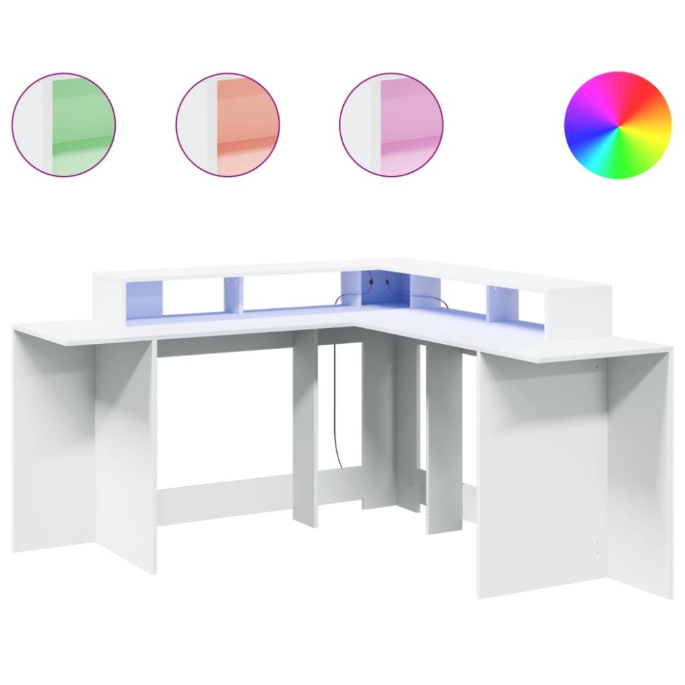 vidaXL Birou cu lumini LED, alb, 152x152x91 cm, lemn prelucrat