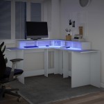 vidaXL Birou cu lumini LED, alb, 152x152x91 cm, lemn prelucrat