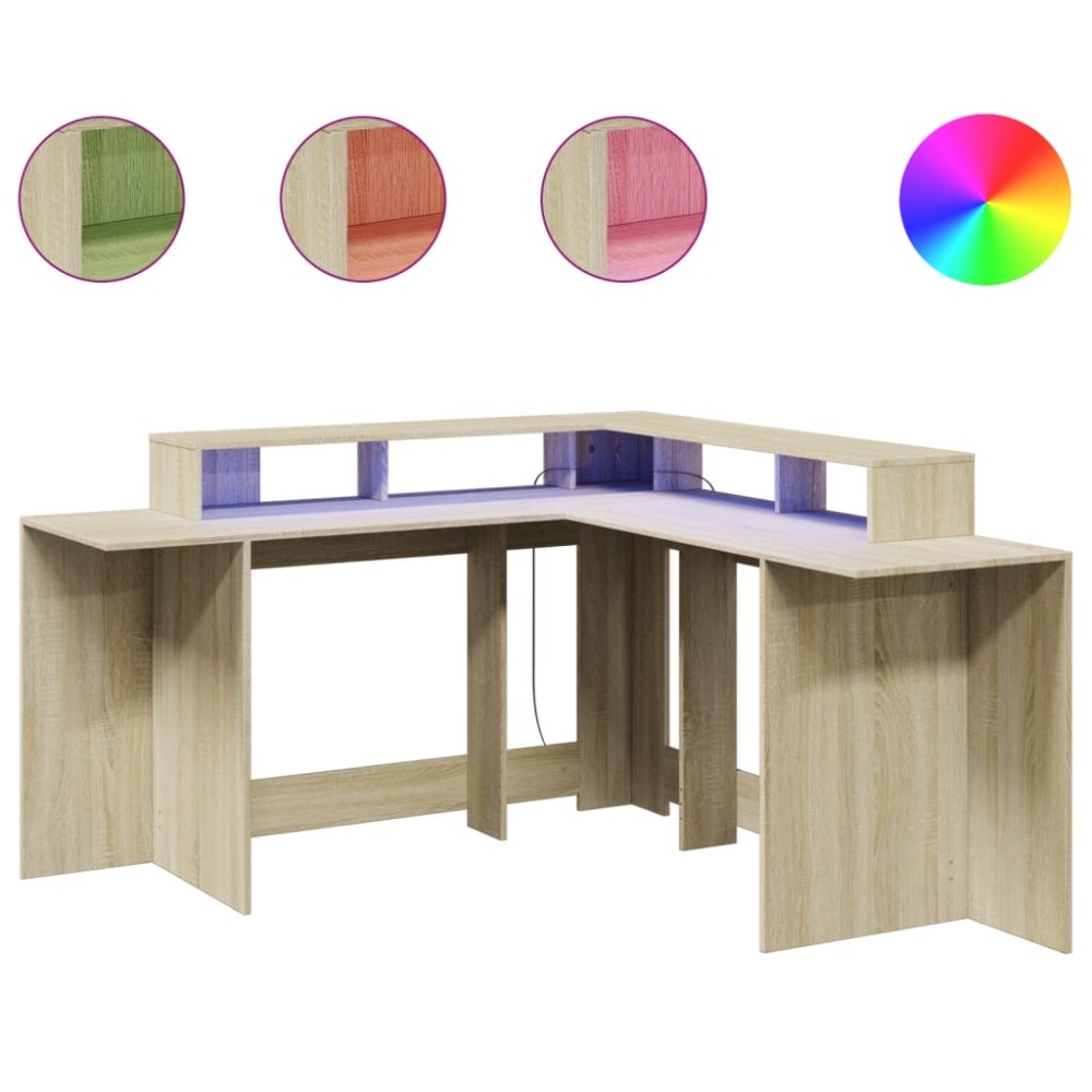 vidaXL Birou cu lumini LED stejar sonoma 152x152x91 cm, lemn prelucrat
