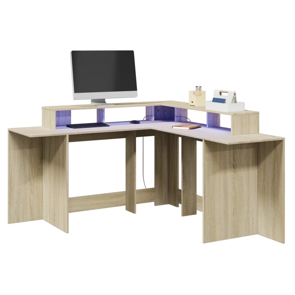 vidaXL Birou cu lumini LED stejar sonoma 152x152x91 cm, lemn prelucrat