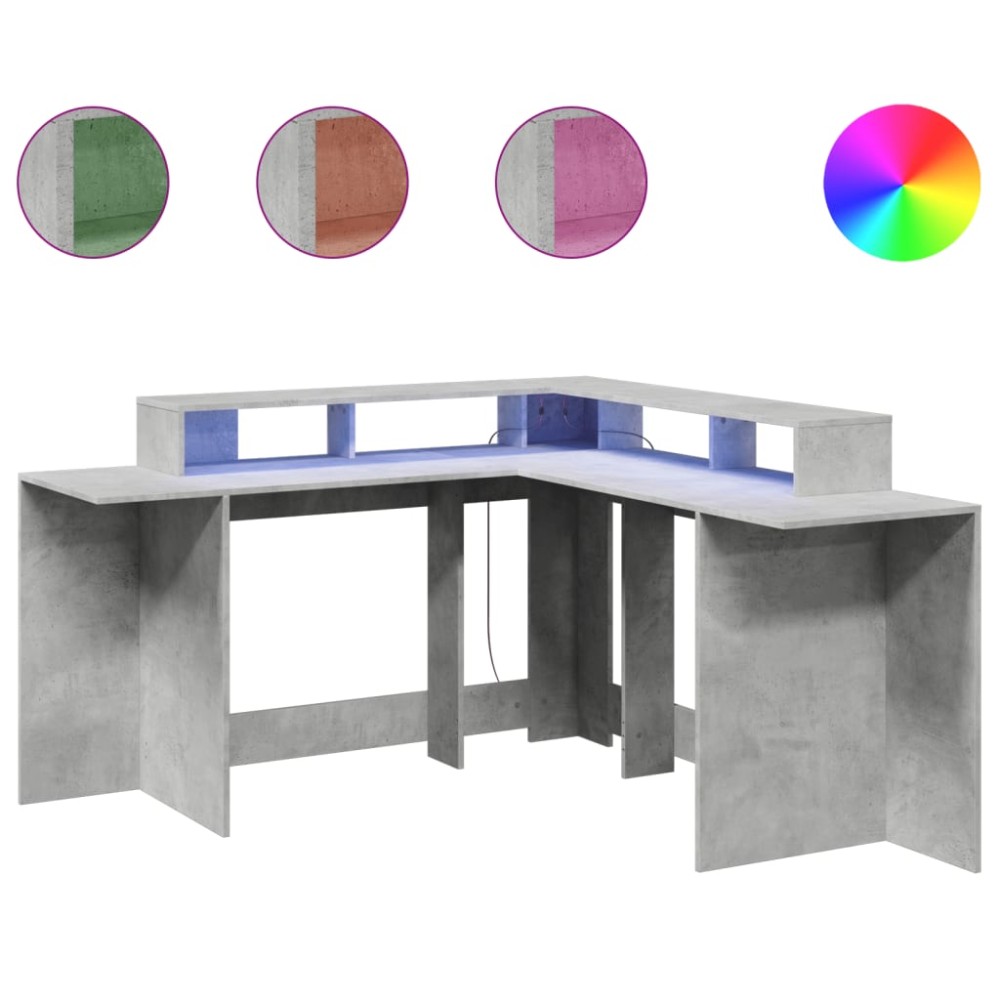 vidaXL Birou cu lumini LED, gri beton, 152x152x91 cm, lemn prelucrat