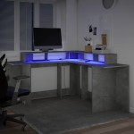 vidaXL Birou cu lumini LED, gri beton, 152x152x91 cm, lemn prelucrat