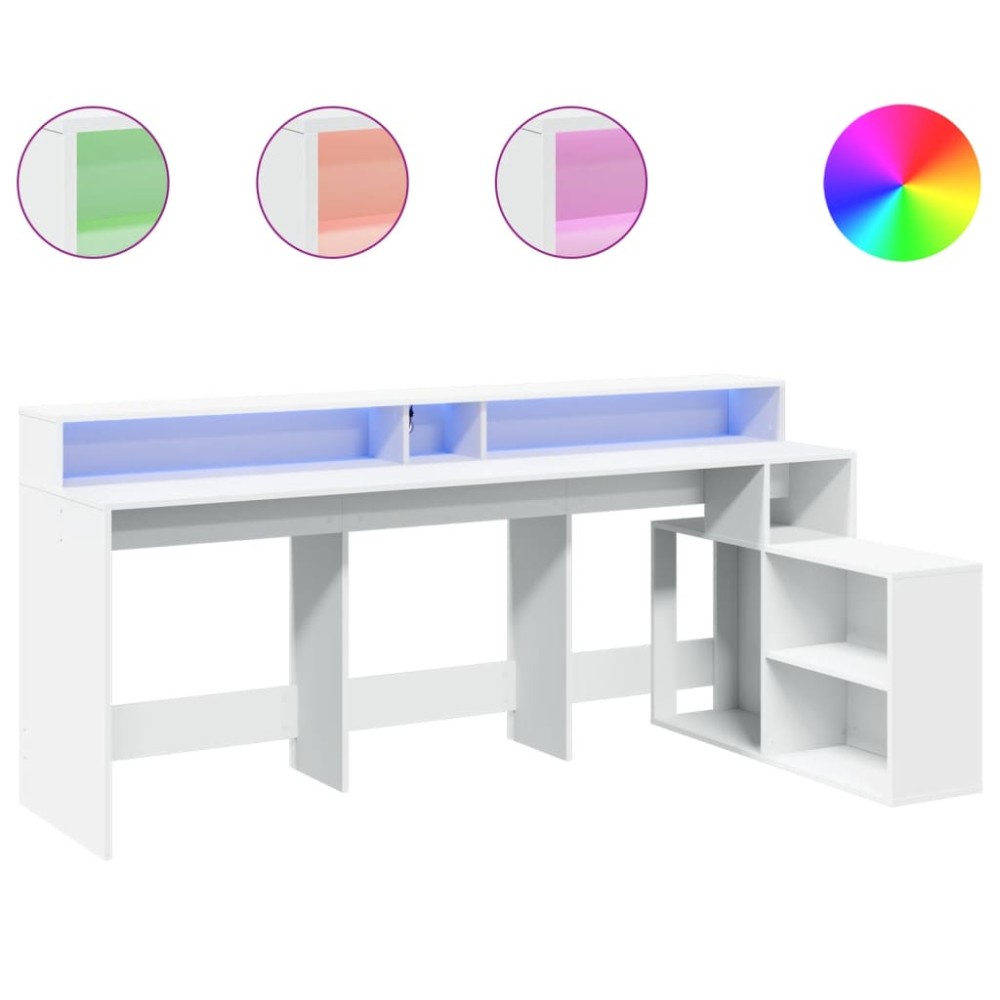vidaXL Birou cu lumini LED, alb, 200x104x91 cm, lemn prelucrat