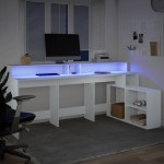 vidaXL Birou cu lumini LED, alb, 200x104x91 cm, lemn prelucrat