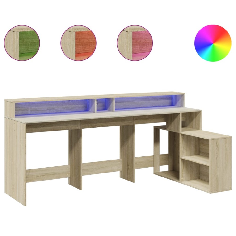 vidaXL Birou cu lumini LED stejar sonoma, 200x104x91cm, lemn prelucrat