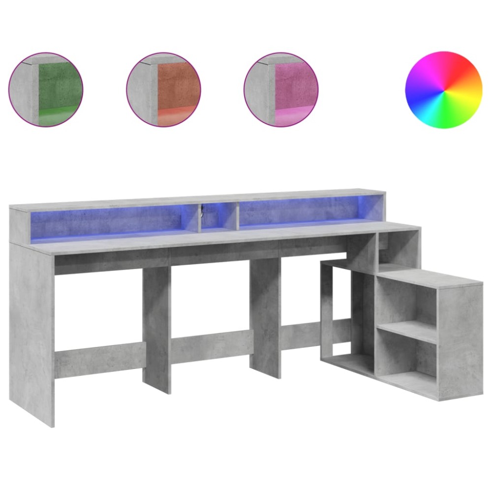 vidaXL Birou cu lumini LED, gri beton, 200x104x91 cm, lemn prelucrat