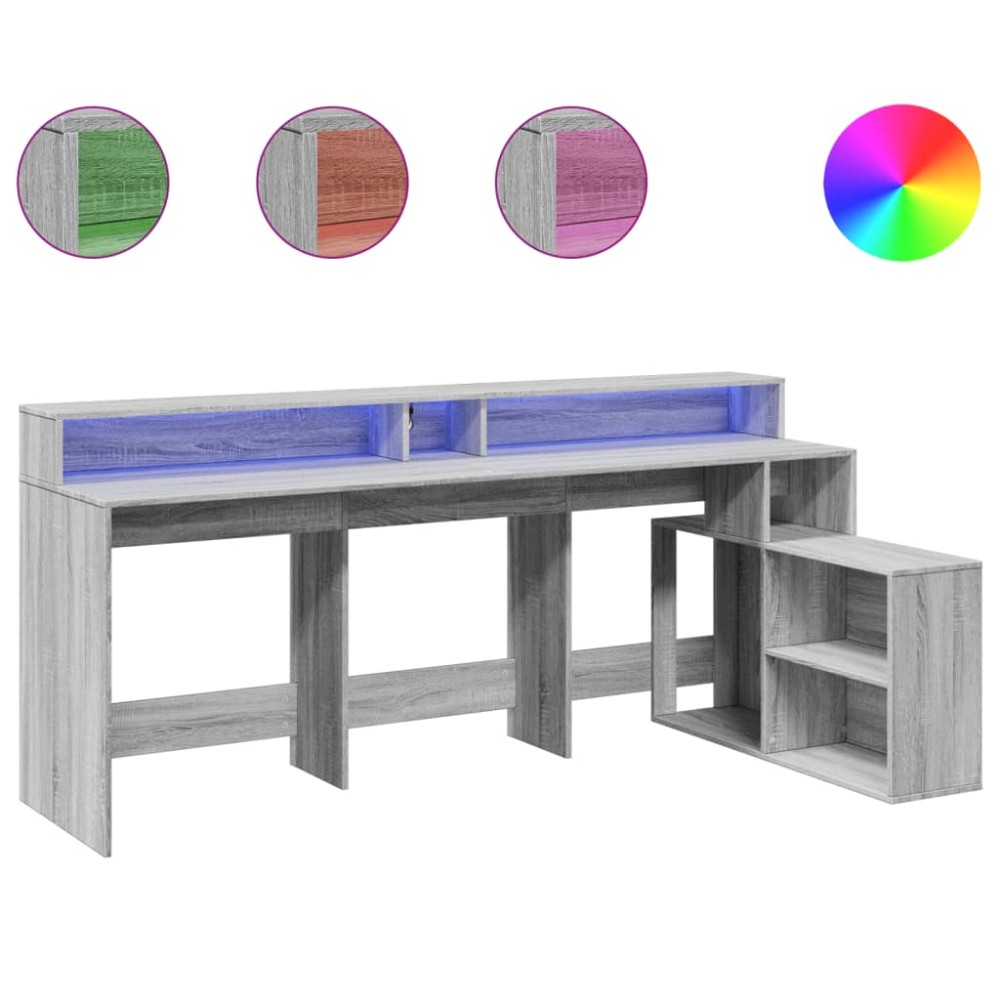 vidaXL Birou cu lumini LED, gri sonoma, 200x104x91 cm, lemn prelucrat