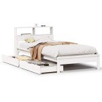vidaXL Pat cu bibliotecă fără saltea, alb, 90x200 cm, lemn masiv pin vidaXL Pat cu bibliotecă fără saltea, alb, 90x200 cm, lemn masiv pin