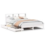 vidaXL Pat cu bibliotecă fără saltea, alb, 135x190 cm, lemn masiv pin vidaXL Pat cu bibliotecă fără saltea, alb, 135x190 cm, lemn masiv pin