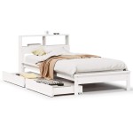 vidaXL Pat cu bibliotecă fără saltea, alb, 90x190 cm, lemn masiv pin vidaXL Pat cu bibliotecă fără saltea, alb, 90x190 cm, lemn masiv pin