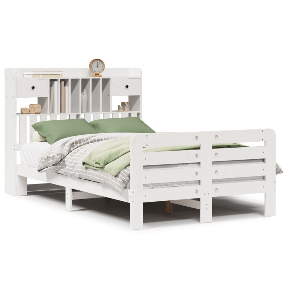 vidaXL Pat cu bibliotecă fără saltea, alb, 135x190 cm, lemn masiv pin
