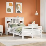vidaXL Pat cu bibliotecă fără saltea, alb, 135x190 cm, lemn masiv pin vidaXL Pat cu bibliotecă fără saltea, alb, 135x190 cm, lemn masiv pin
