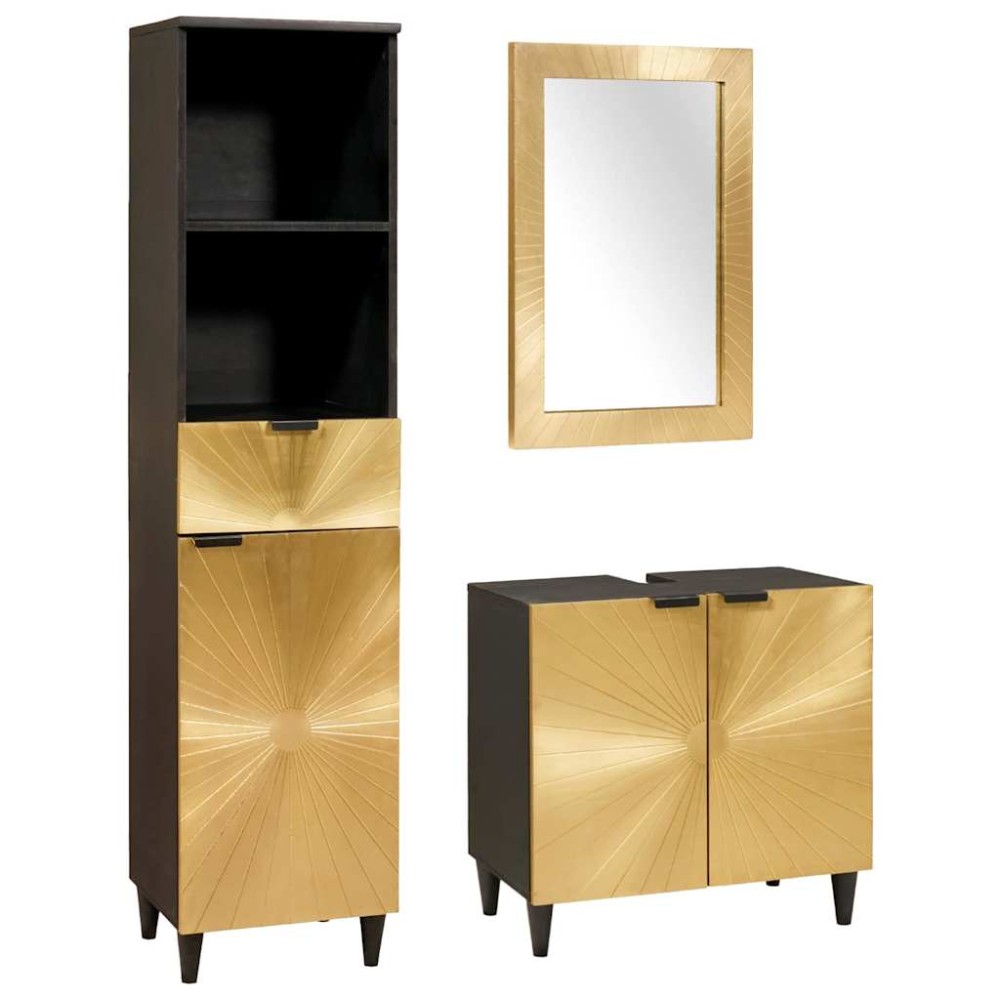 vidaXL Set dulap baie cu sertar 3 pcs Negru și Aur Lemn de mango solid