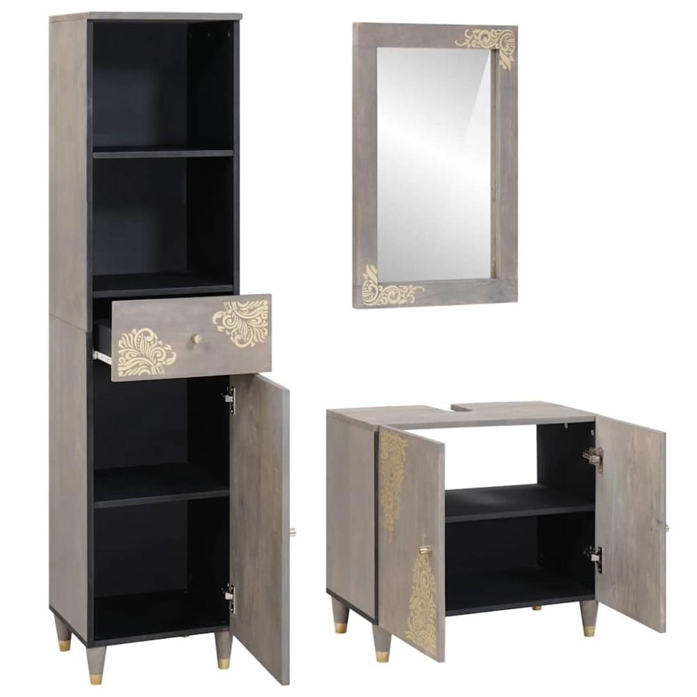 vidaXL Set dulap baie cu sertar cu ușă 3 pcs Gri Lemn de mango solid