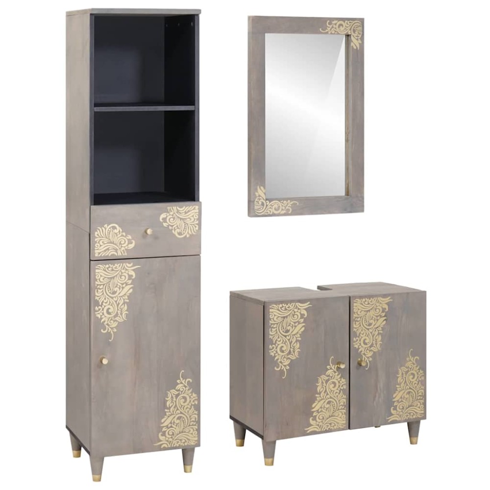vidaXL Set dulap baie cu sertar cu ușă 3 pcs Gri Lemn de mango solid