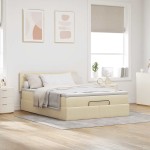 vidaXL Pat otoman cu saltea crem 140x200 cm stofa