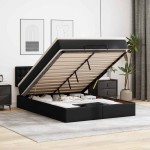 vidaXL Pat otoman cu saltele și LEDs, negru 140x190cm, piele ecologică vidaXL Pat otoman cu saltele și LEDs, negru 140x190cm, piele ecologică