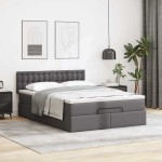 vidaXL Pat otoman cu saltele și LEDs, gri, 140x200cm, piele ecologică vidaXL Pat otoman cu saltele și LEDs, gri, 140x200cm, piele ecologică