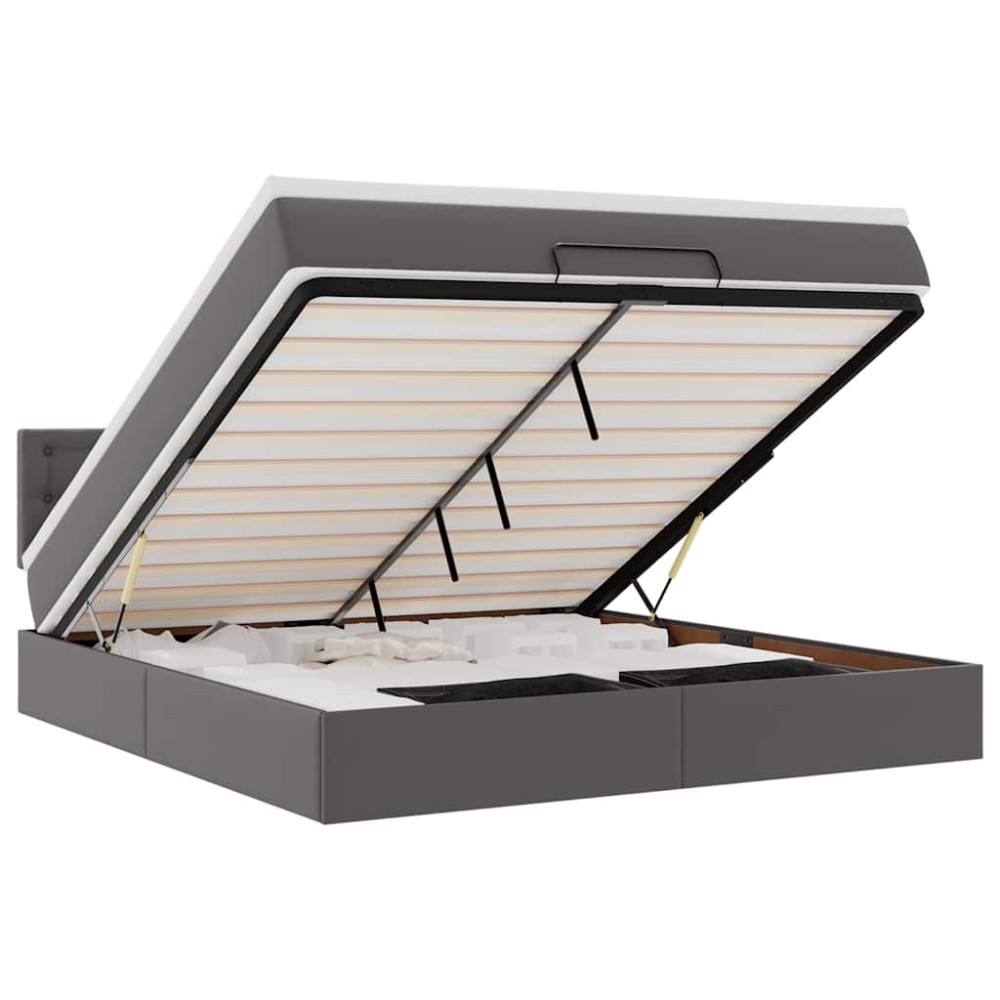 vidaXL Pat otoman cu saltele și LEDs, gri, 160x200cm, piele ecologică
