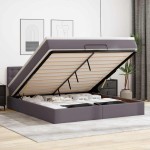 vidaXL Pat otoman cu saltele și LEDs, gri, 160x200cm, piele ecologică vidaXL Pat otoman cu saltele și LEDs, gri, 160x200cm, piele ecologică