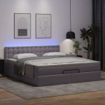 vidaXL Pat otoman cu saltele și LEDs, gri, 160x200cm, piele ecologică vidaXL Pat otoman cu saltele și LEDs, gri, 160x200cm, piele ecologică