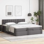 vidaXL Pat otoman cu saltele și LEDs, gri, 160x200cm, piele ecologică vidaXL Pat otoman cu saltele și LEDs, gri, 160x200cm, piele ecologică