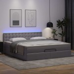 vidaXL Pat otoman cu saltele și LEDs, gri, 180x200cm, piele ecologică vidaXL Pat otoman cu saltele și LEDs, gri, 180x200cm, piele ecologică