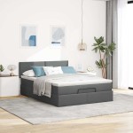 vidaXL Pat otoman cu saltea și LED-uri țesătură gri închis 140x190 cm