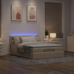 vidaXL Pat otoman cu saltea și LED-uri crem 140x200 cm țesătură
