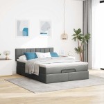 vidaXL Pat otoman cu saltea și LED-uri țesătură gri închis 140x200 cm