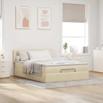 vidaXL Pat otoman cu saltea și LED-uri crem 140x200 cm țesătură