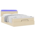 vidaXL Pat otoman cu saltea și LED-uri crem 140x200 cm țesătură