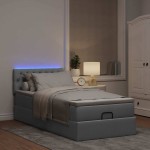 vidaXL Pat otoman cu saltea și LED-uri, gri deschis, 90x200 cm, textil