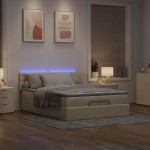 vidaXL Pat otoman cu saltea și LED-uri crem 140x200 cm țesătură