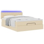vidaXL Pat otoman cu saltea și LED-uri crem 140x200 cm țesătură