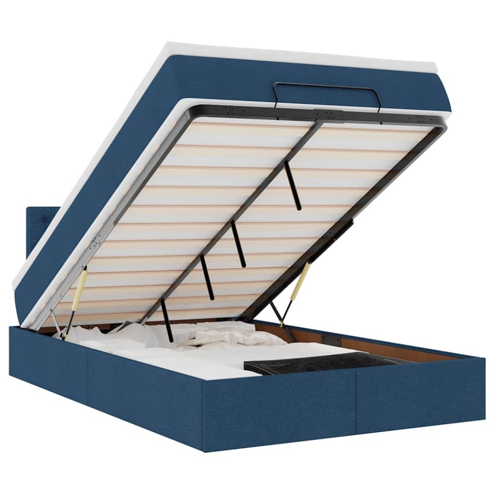 vidaXL Pat otoman cu saltea și LED-uri, albastru, 120x190cm, textil