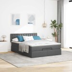vidaXL Pat otoman cu saltea și LED-uri țesătură gri închis 140x190 cm