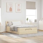 vidaXL Pat otoman cu saltea și LED-uri crem 140x200 cm țesătură
