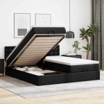 vidaXL Pat otoman cu saltele și LEDs, negru 180x200cm, piele ecologică vidaXL Pat otoman cu saltele și LEDs, negru 180x200cm, piele ecologică