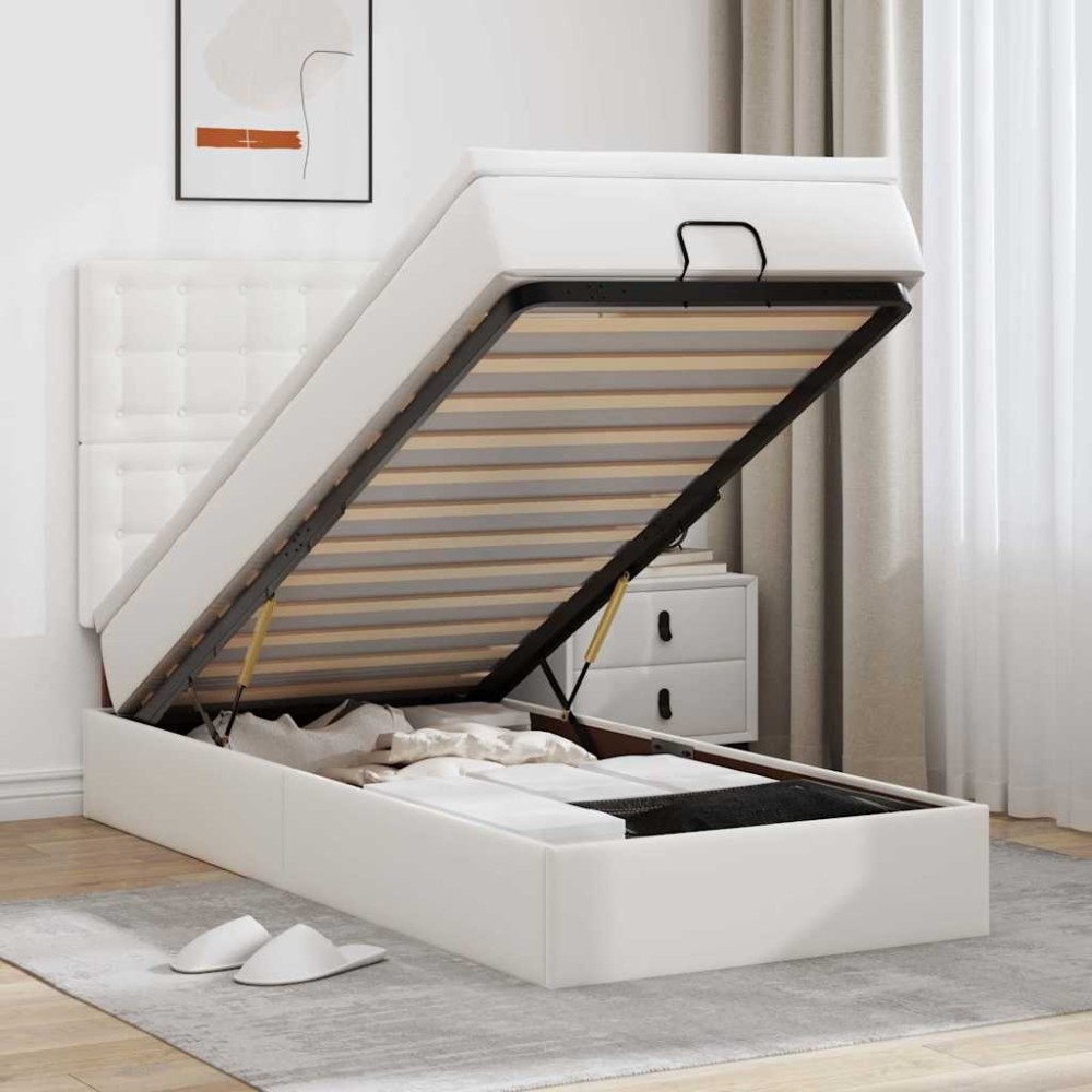 vidaXL Pat otoman cu saltea, alb, 100x200cm, piele ecologică