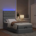 vidaXL Pat otoman cu saltea și LED-uri, gri deschis, 90x200 cm, textil