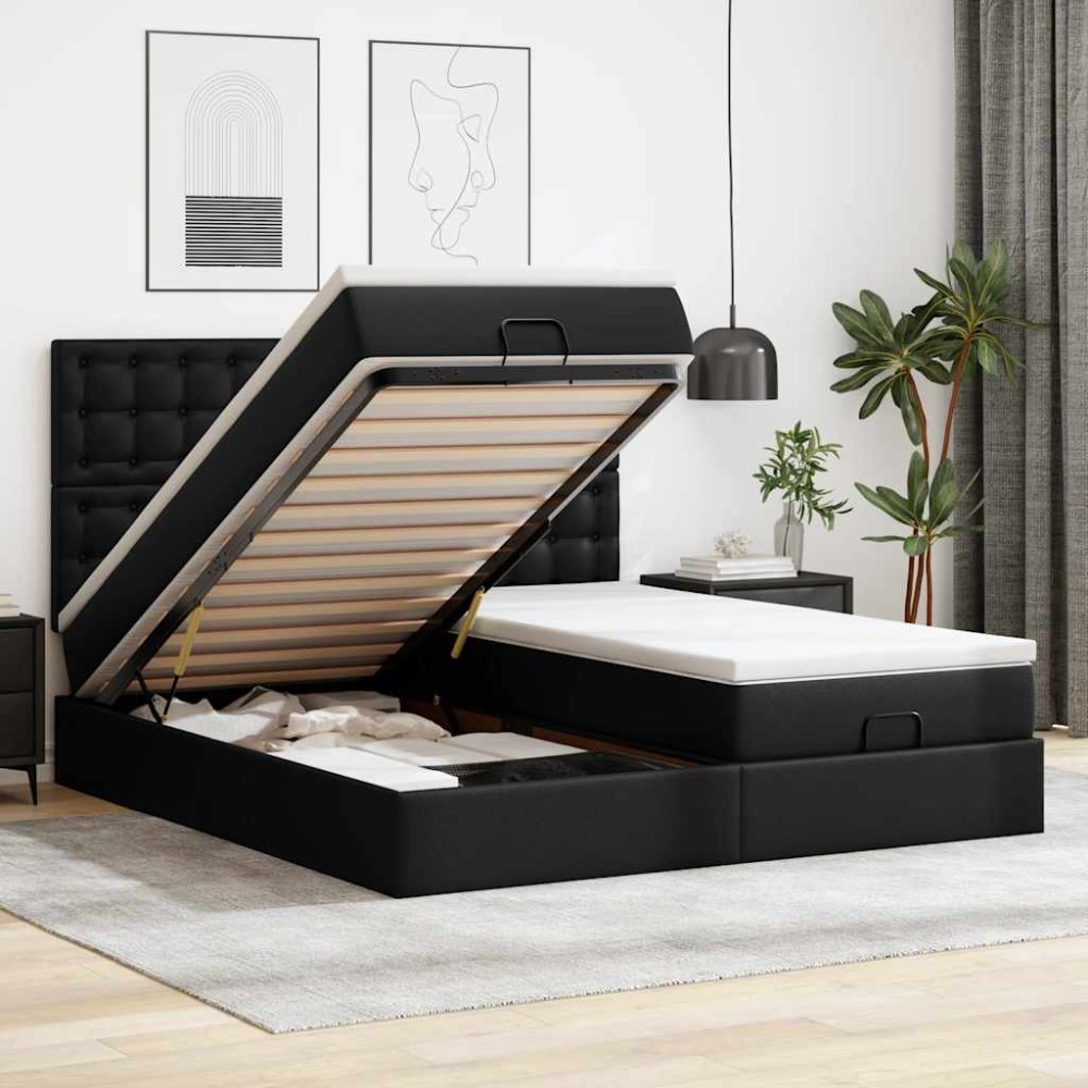 vidaXL Pat otoman cu saltele și LEDs, negru 180x200cm, piele ecologică
