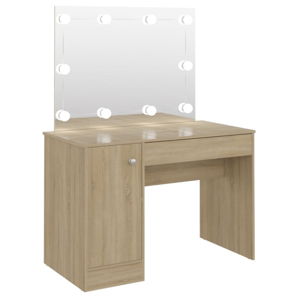 vidaXL Masă de machiaj cu lumini LED, stejar, 110x55x145 cm, MDF