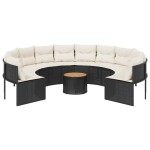 vidaXL Canapea de grădină cu masă/perne, rotundă, negru, poliratan