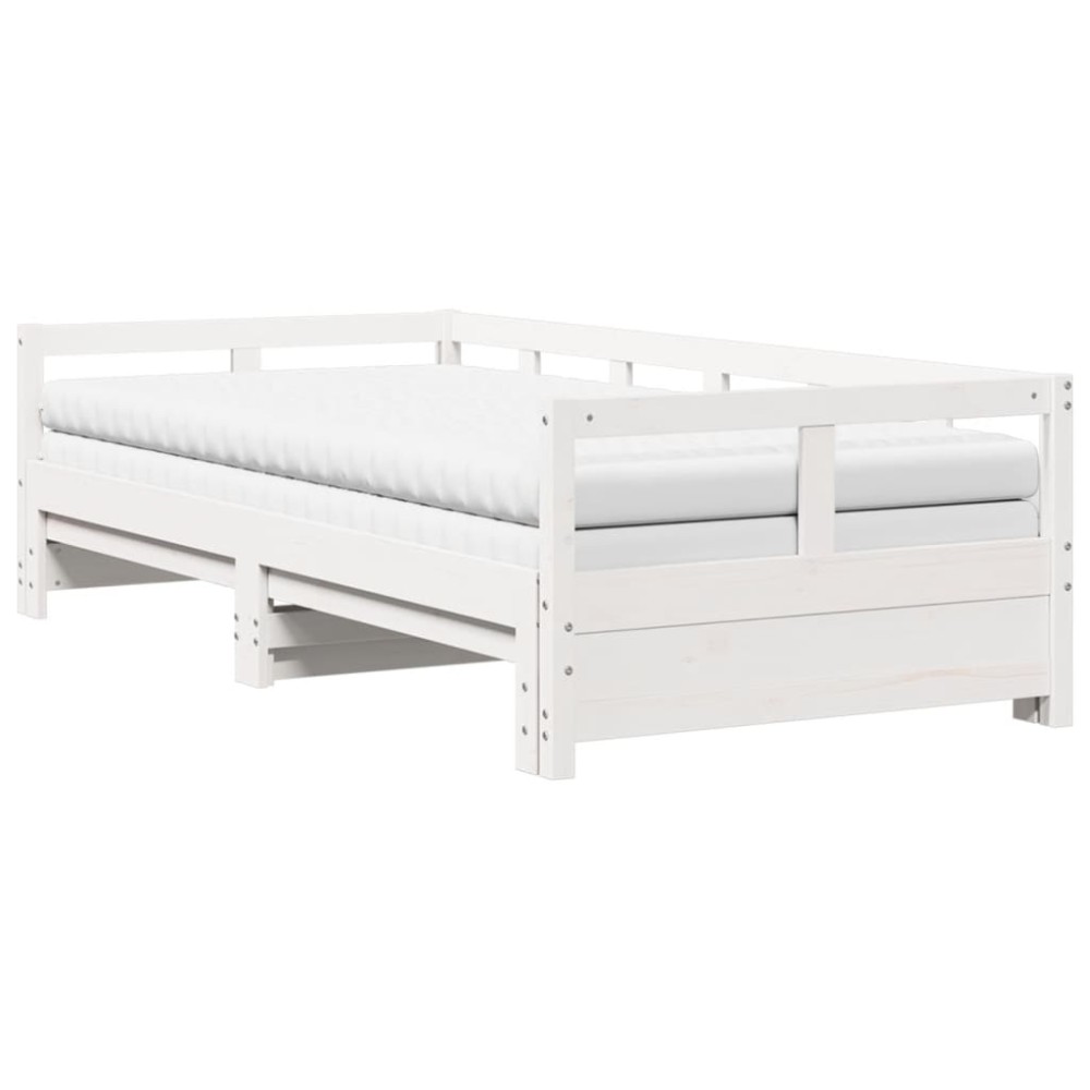 vidaXL Pat zi cu extensie și saltele, alb, 80x200 cm, lemn masiv pin