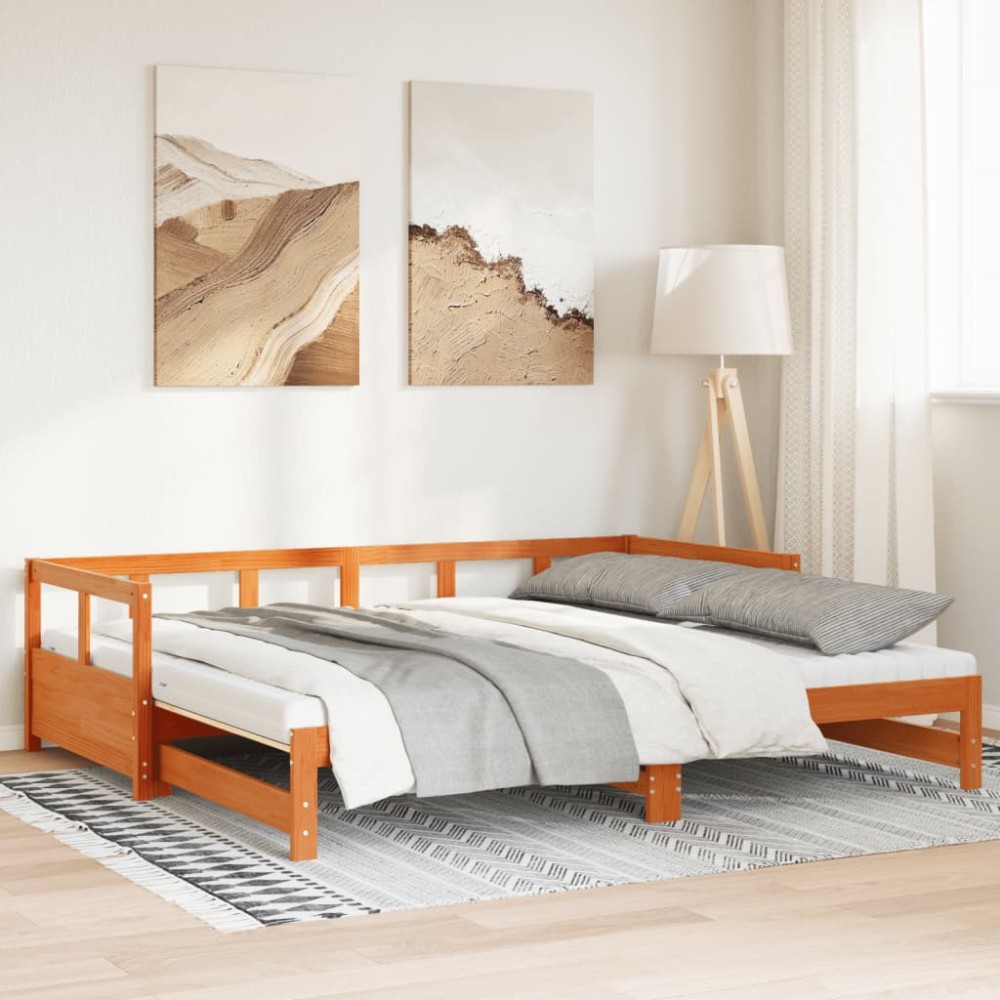 vidaXL Pat zi cu extensie și saltele, maro, 80x200 cm, lemn masiv pin