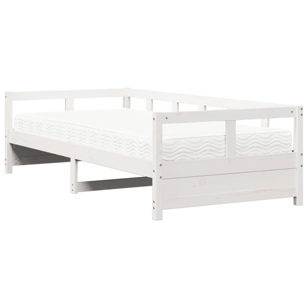vidaXL Pat de zi cu saltea, alb, 90x200 cm, lemn masiv pin
